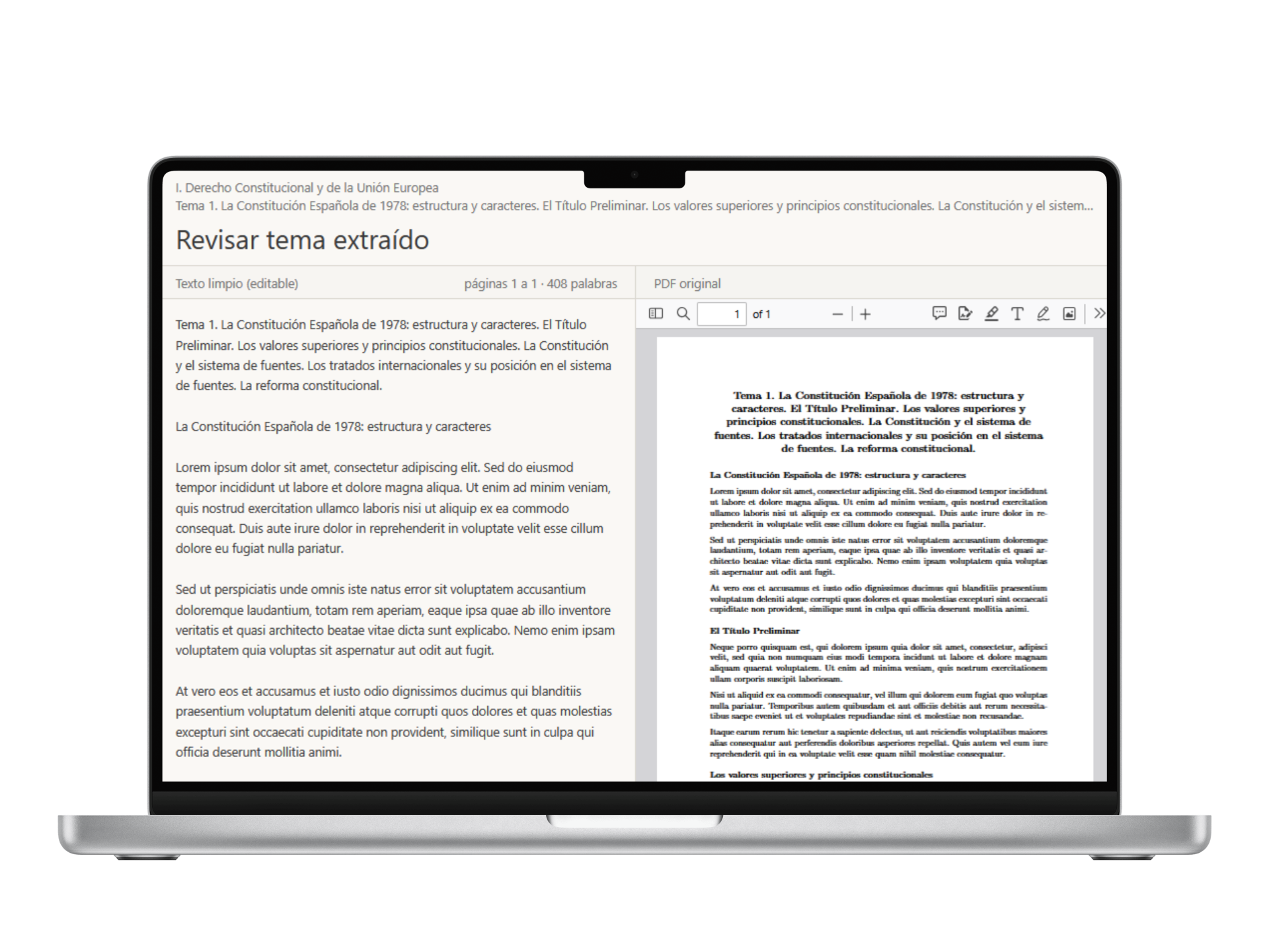 Pantalla de extracción del texto de un tema en un MacBook
