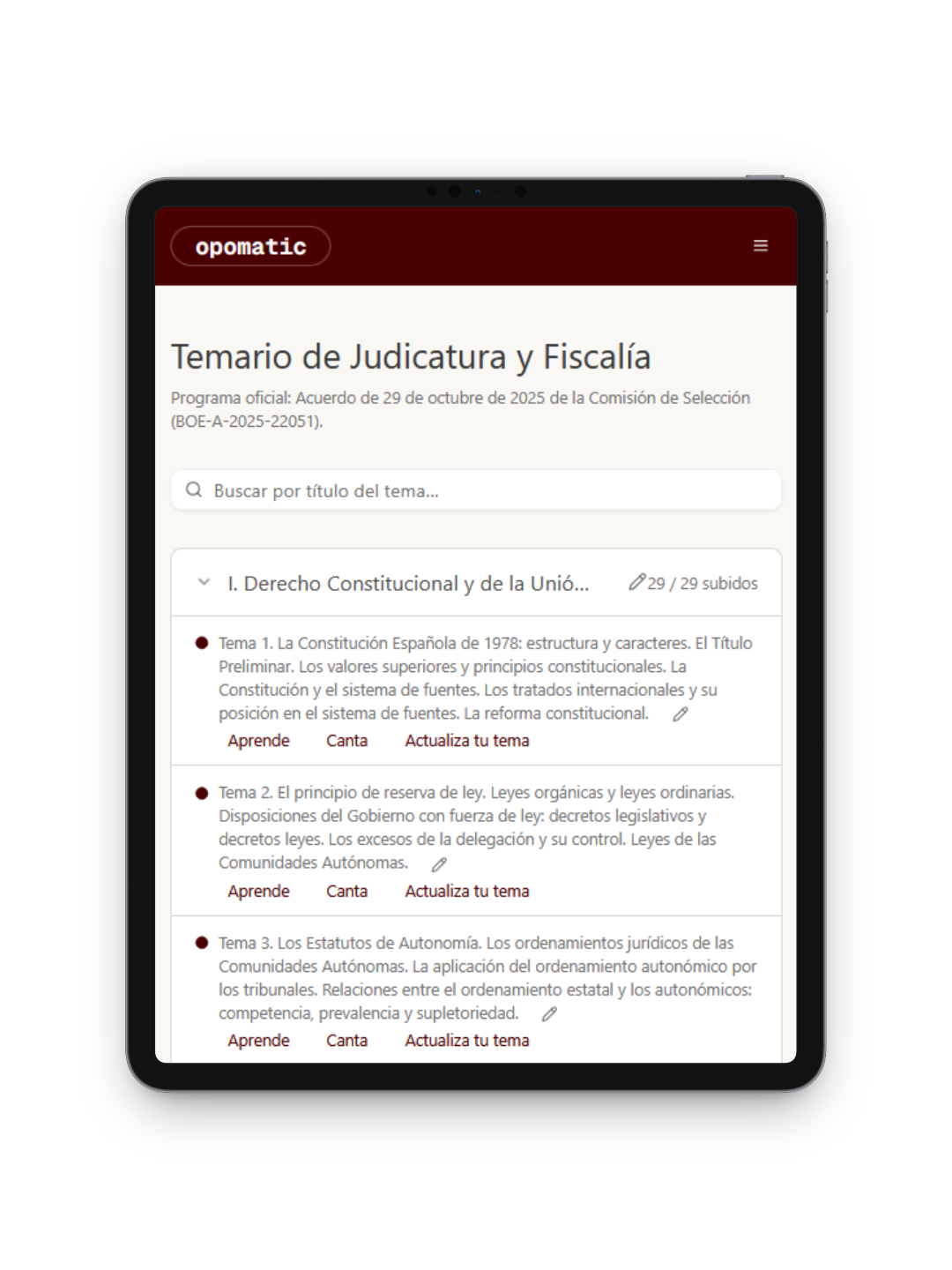 Pantalla del temario en un iPad