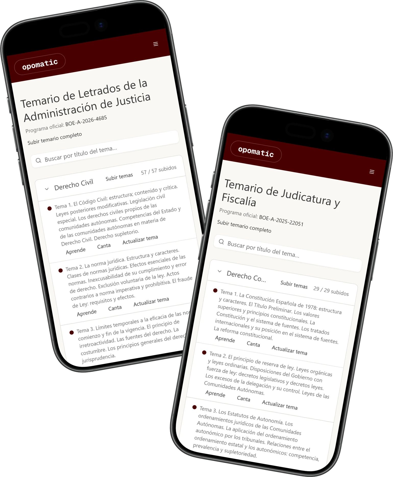 Pantalla del temario completo en un iPhone